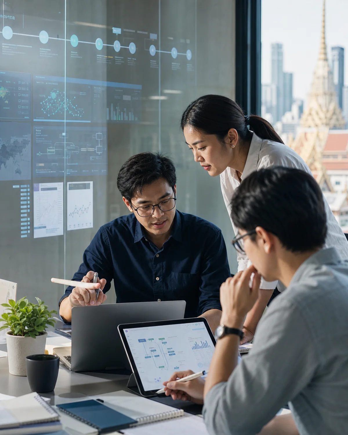 ทีมผู้เชี่ยวชาญไทยกำลังวิเคราะห์ข้อมูลวิจัยและ AI Dashboard ในห้องทำงานทันสมัย