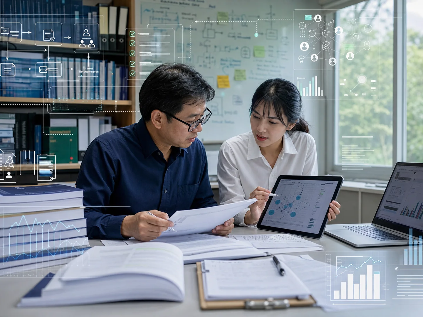 นักวิจัยไทยกำลังตรวจเอกสาร ข้อมูล และ visual analytics